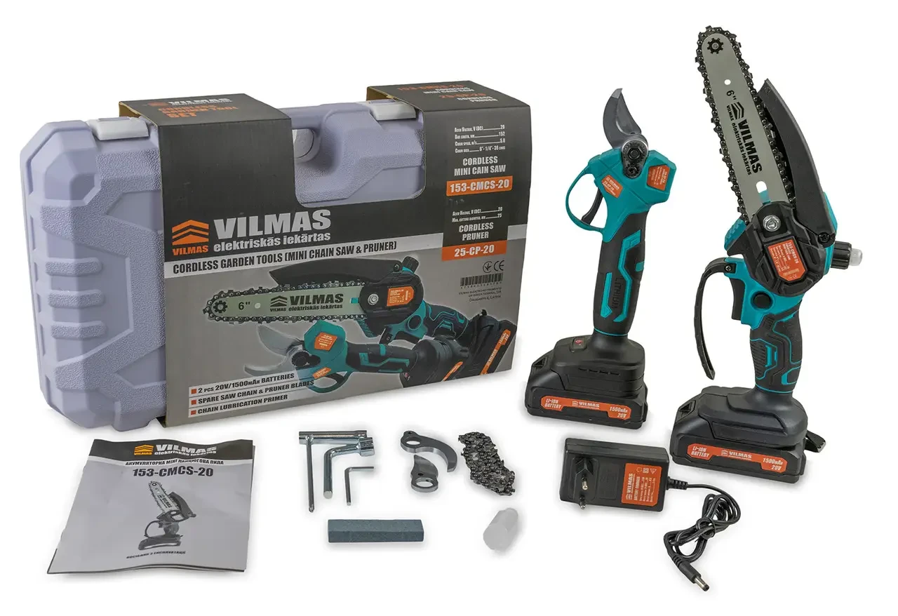 Набір 2 в 1 Акумуляторна міні ланцюгова пила VILMAS 153-CMCS-20, Акумуляторний секатор VILMAS 25-CP-20